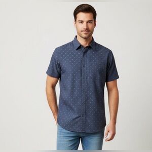 George Men's Blue Microfiber Pattern Button Up Short Sleeve Shirt Pocket | Sz L